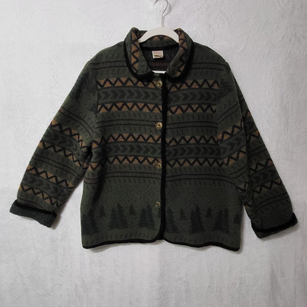 IVY Fleece Jacket Forest Trees Print Button Up Cozy Warm Outdoorsy Sz L USA Made